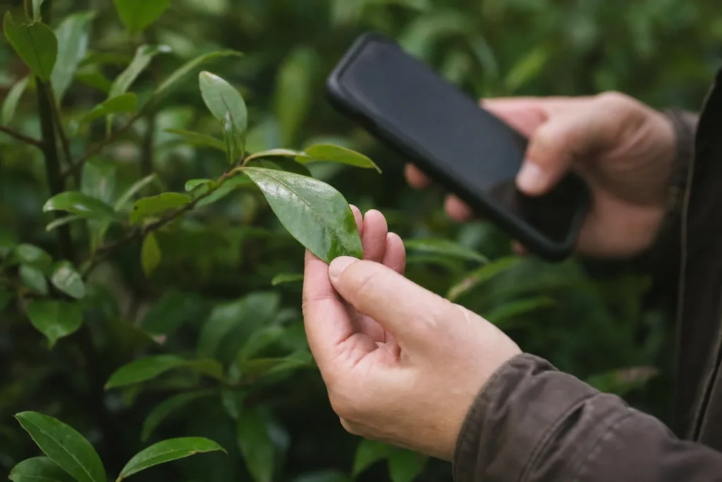 A gardener closely examines a leaf's texture while holding a smartphone nearby