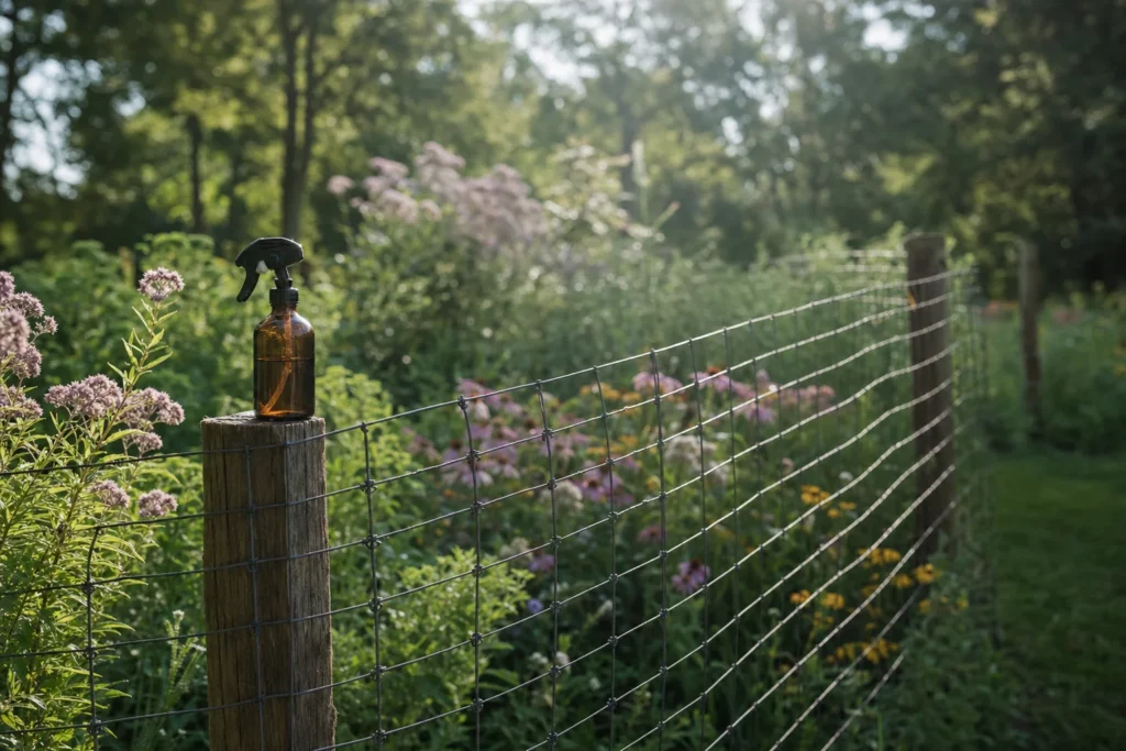 A tall wire fence protecting a flower bed, with a repellent spray bottle resting on a nearby post