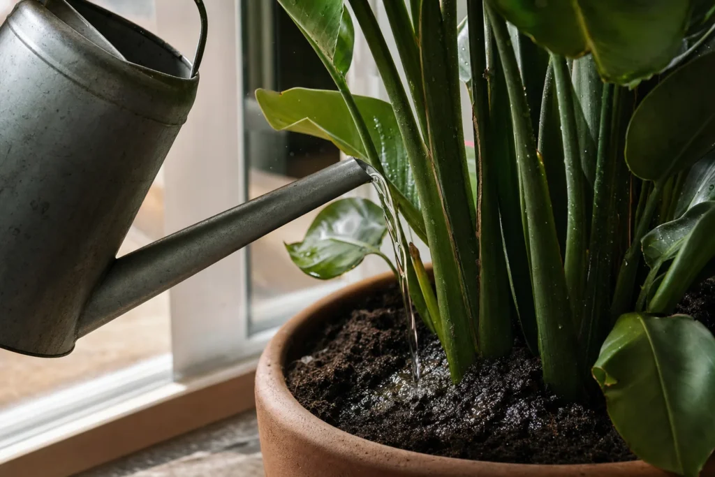 Water being poured into the soil at the base of a potted bird of paradise plant