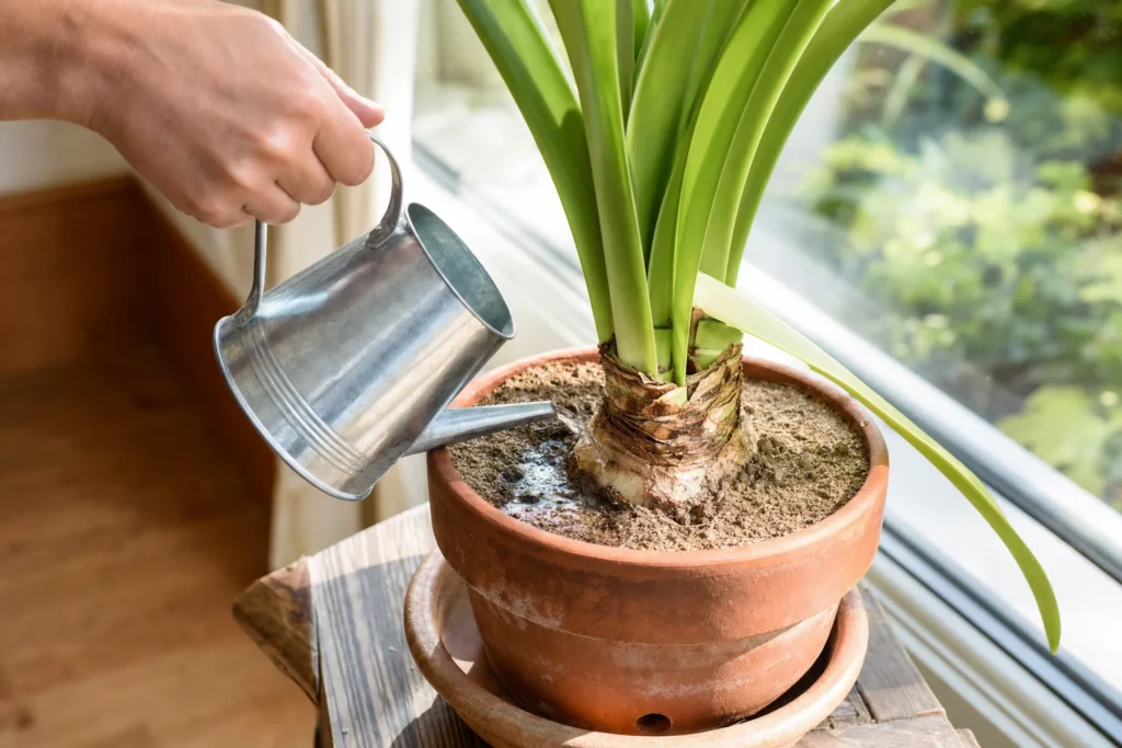 A hand watering the soil at the base of an amaryllis plant near a bright window