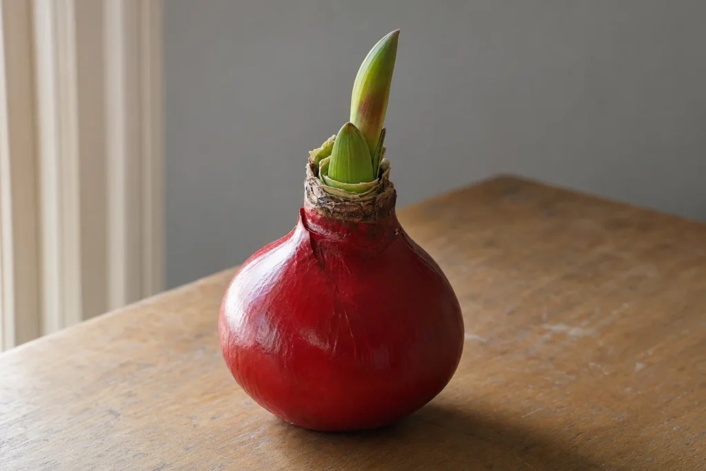 A waxed amaryllis bulb standing upright on a table with a new flower stalk emerging