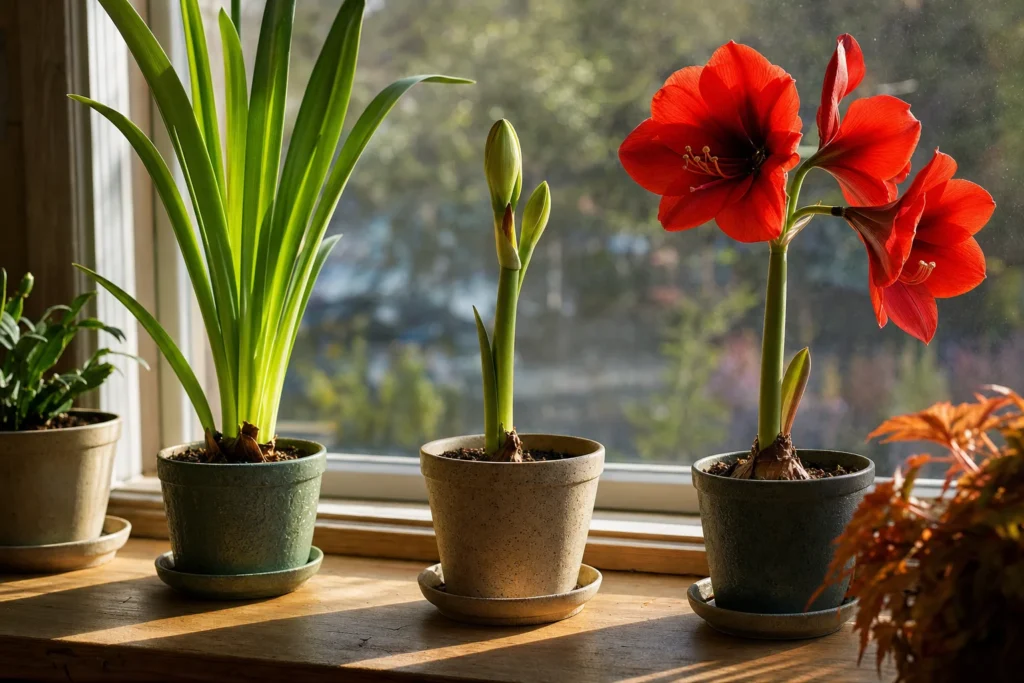 Several amaryllis plants at different growth stages arranged together on a windowsill
