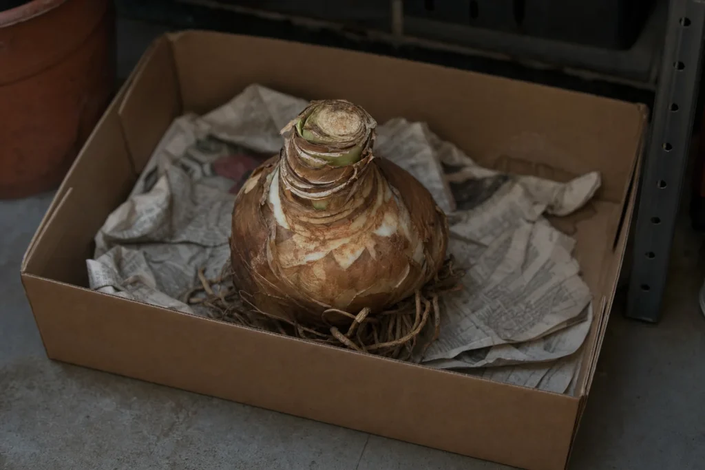 A dormant amaryllis bulb resting in a box in a cool, dimly lit storage area