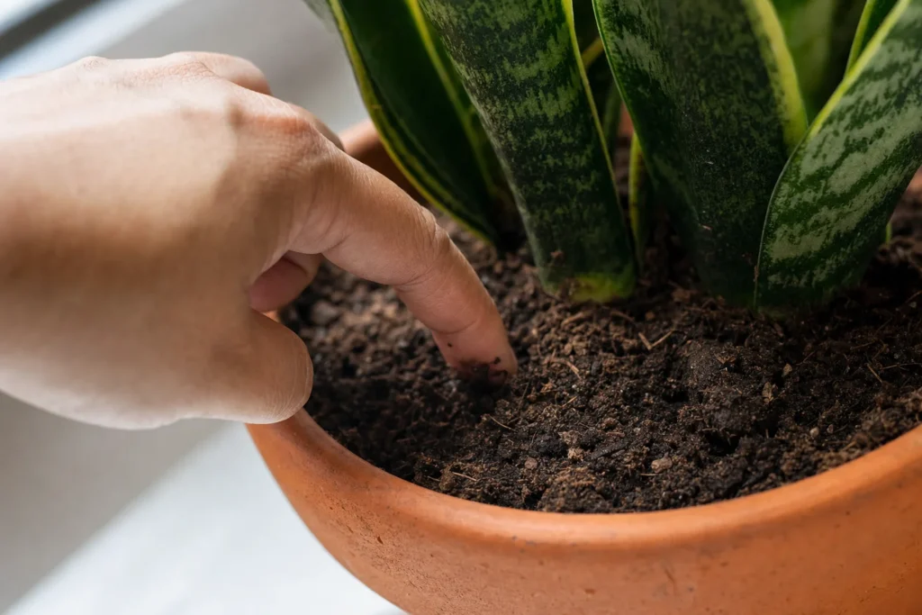 A hand pressing a finger into dry soil to check moisture at the base of a snake plant