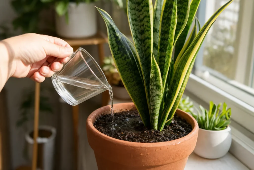 A hand pouring diluted liquid fertilizer into the soil of a potted snake plant