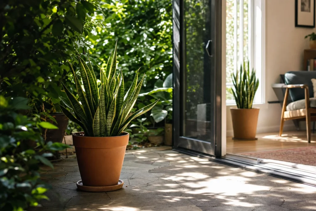A snake plant on a shaded outdoor patio with another visible indoors through an open door