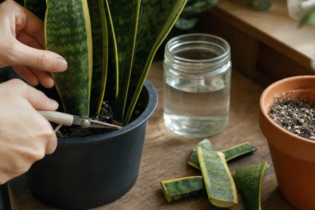 Hands using small shears to cut a snake plant leaf near its base for propagation