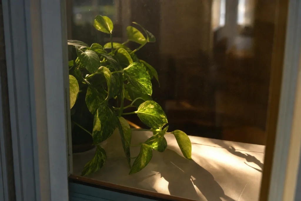 Sunlight streaming through a window onto a pothos plant on a windowsill, illustrating indirect light.