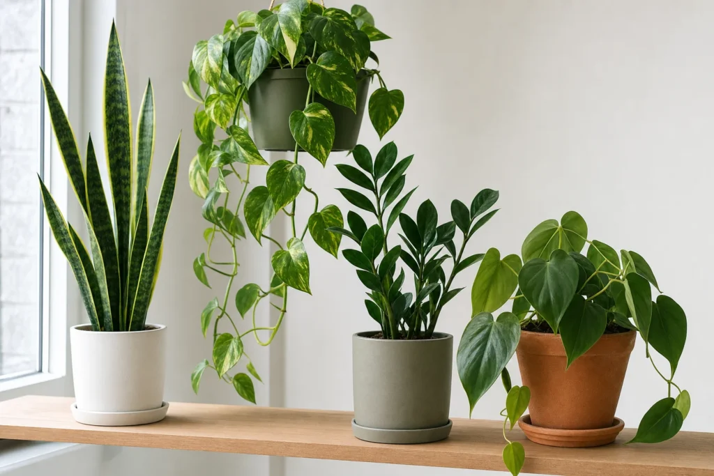 Four easy beginner houseplants displayed together: snake plant, pothos, ZZ plant, and philodendron.