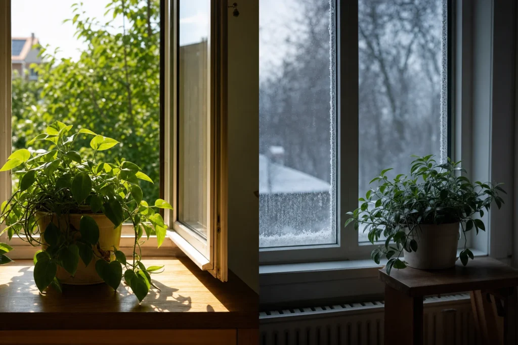A houseplant shown in bright summer sunlight beside the same plant in dimmer, cooler winter light near a window.