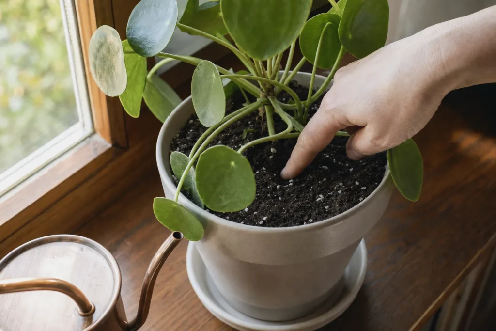 A hand pressing a finger into the soil of a Chinese money plant to check moisture before watering.