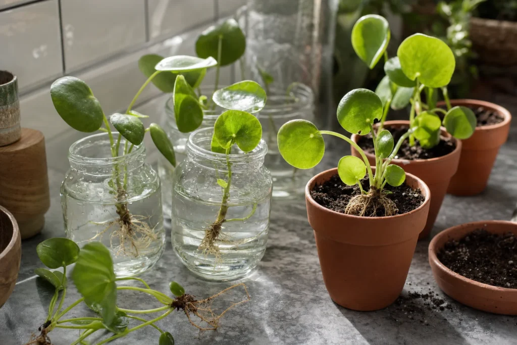 Small Chinese money plant cuttings rooting in water and being potted into soil.
