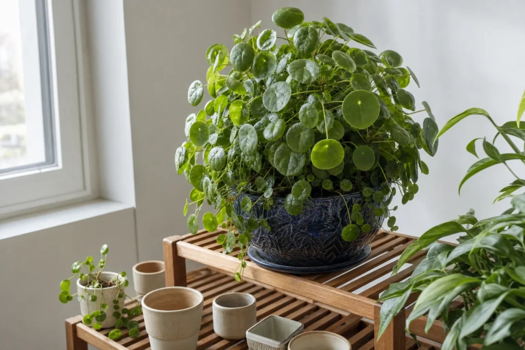 A mature, full Chinese money plant with several small plantlets growing around its base.