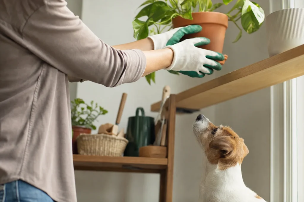 A gardener wearing gloves moves a potted plant to a high shelf while a small dog watches from the floor.