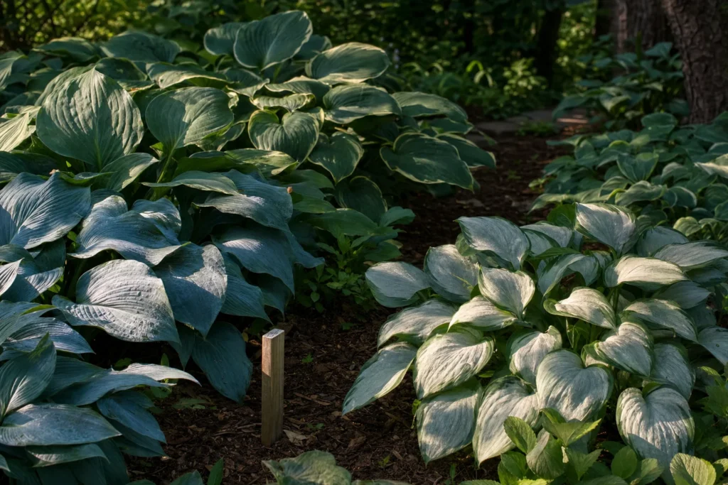 A garden bed filled with several hosta varieties in natural blue-grey and green tones.