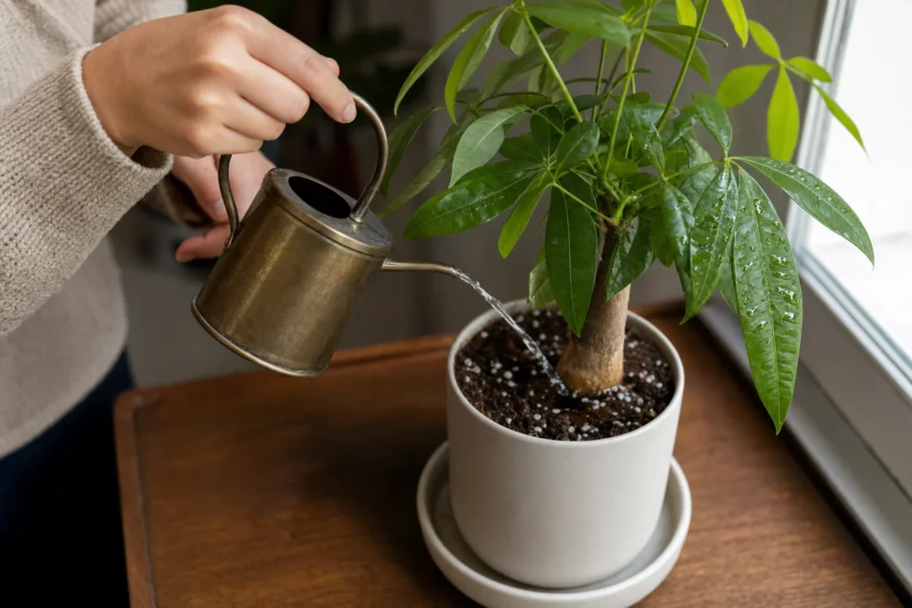 A person watering a potted money tree, with water soaking into well-draining soil in the pot.