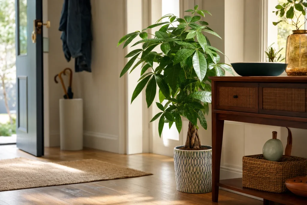 A money tree placed near a home entryway to catch bright, filtered natural light.