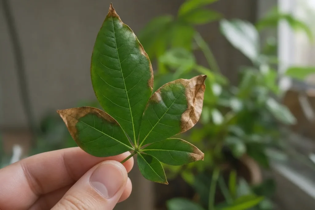 Close-up of a money tree leaf with crispy brown edges caused by low humidity.