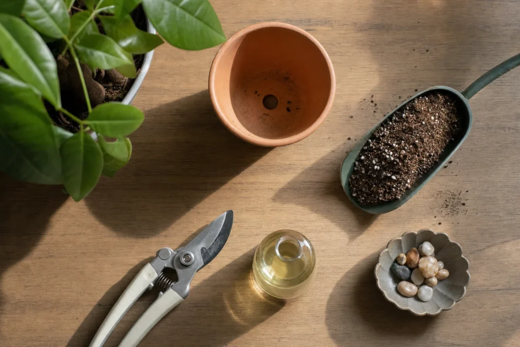 An overhead view of money tree care essentials including potting soil, a pot with drainage holes, pruning shears, and a pebble tray.